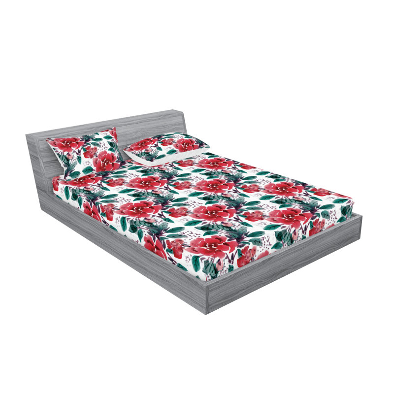 Drap-housse et taies décoratives 3 pièces Ambesonne, Corail foncé, vert forêt / floral