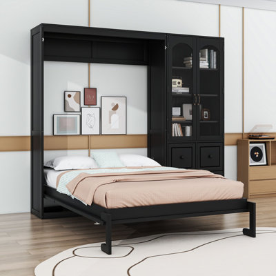 Lit escamotable avec armoire latérale, 4 tiroirs et tablettes de rangement
