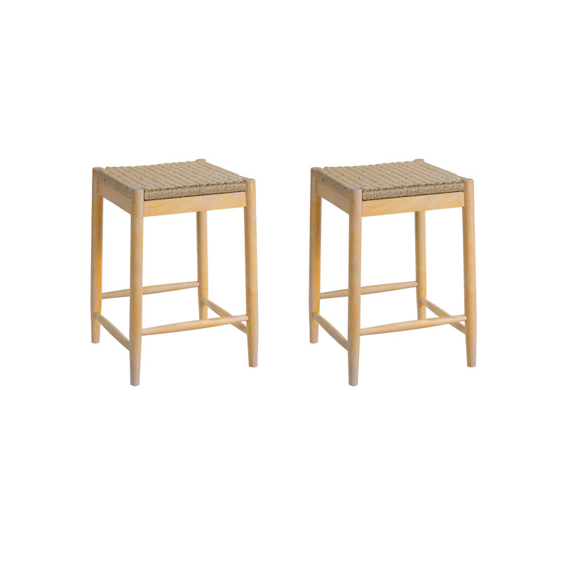 Sierra Rustic Solid Acacia Wood Counter Stools With Woven Rope Seat And Backless Design