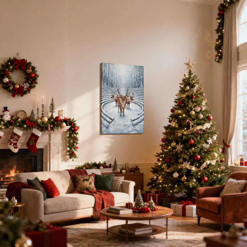 Ensemble de 3 reproductions d'art sur toile, "Christmas Reindeer In Snowy Forest Pathway", H 24 po x l 16 po