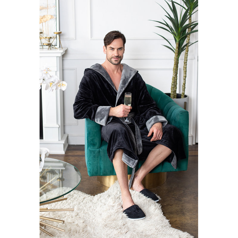 LOTUS LINEN - Peignoir moelleux à capuche, M / G, Noir / gris