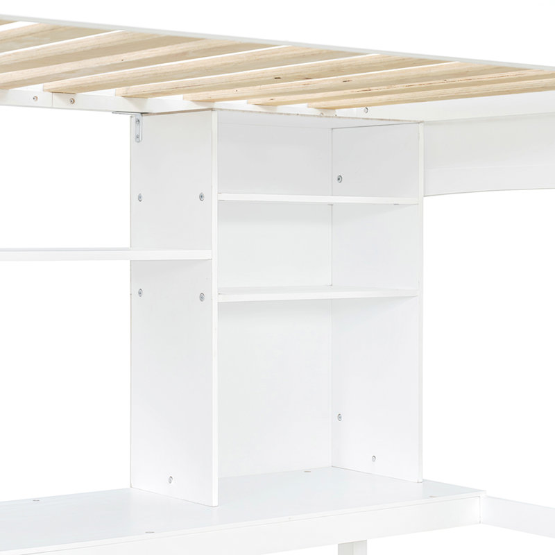 Lit mezzanine simple avec tablettes de rangement, bureau et échelle