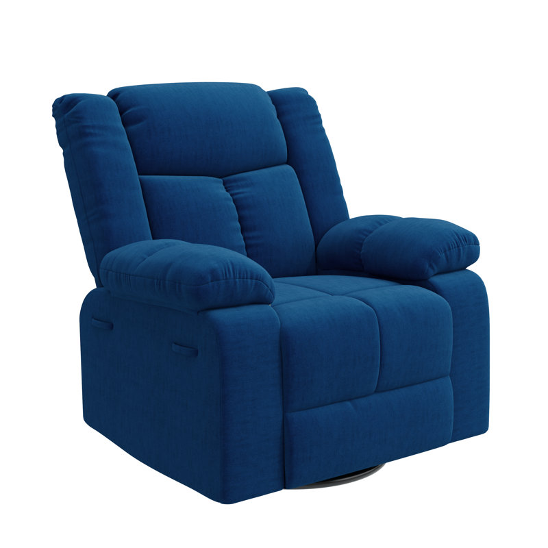 Swivel Glider Recliner in Plush Velvet with Pillow Top Arms, Blue Polyester