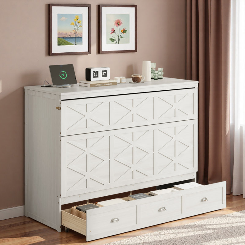 Grand lit escamotable avec tiroir de rangement et prises de courant, Blanc