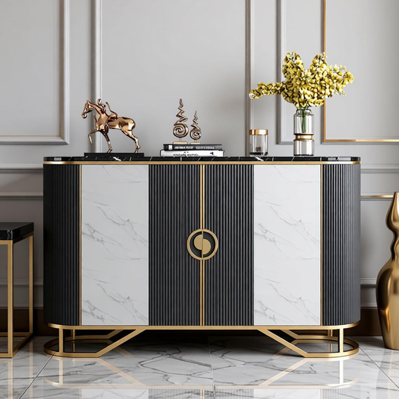 Armoire d'entrée en marbre de style luxueux, H 35,43 po x l 62,99 po x P 15,75 po, Noir/gris