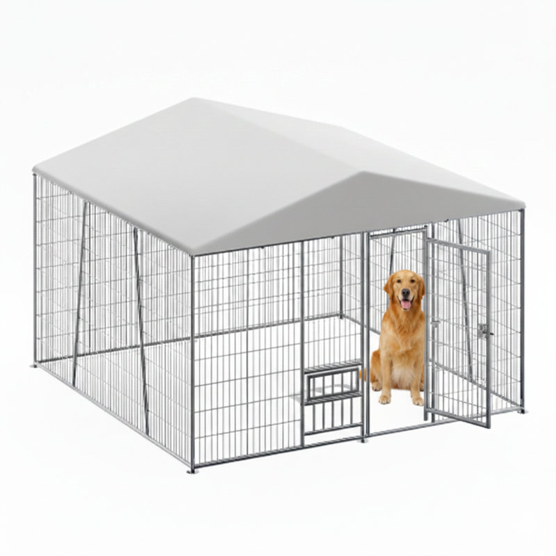 Enceinte d'extérieur robuste pour chien de 10 x 10 pieds, comprenant un plateau d'alimentation, un couvercle supérieur imperméable complet, une barrière soudée en fil métallique simple à assembler avec un mécanisme de verrouillage sécuritaire.