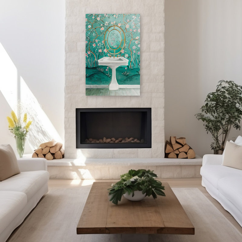 «Chinoiserie Bath I» contemporain bleu floral or bain chinoiserie, H 48 po x l 32 po