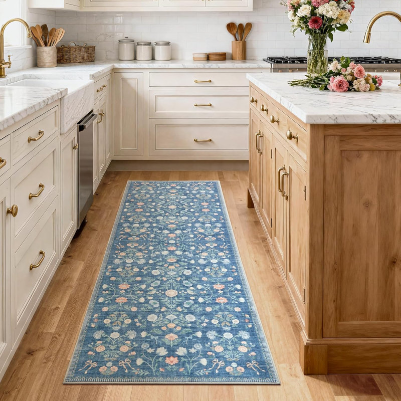 2x6 Floral Runner Rug, Washable Non Slip Foldable Rug for Hallway Kitchen, Blue, Runner 2' x 6', Blue