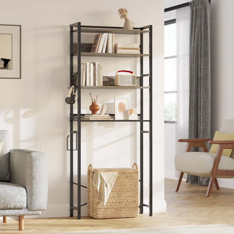 Calirose 23.6" W x 68 "H x 9.4" D Over The Toilet Storage with 4-tier shelf & 4 hooks, Gray/Black