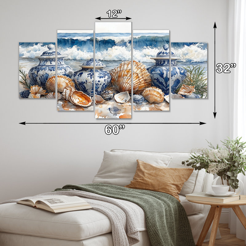 Poterie de plage dans des tons bleus et blancs - Ensemble de décoration murale de poterie de plage