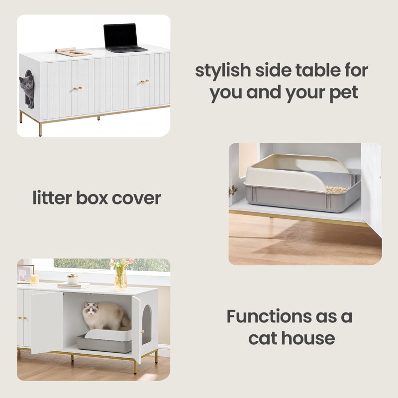 Enceinte de litière double, chatière cachée avec tapis à gratter, table d'appoint moderne, pieds hauts