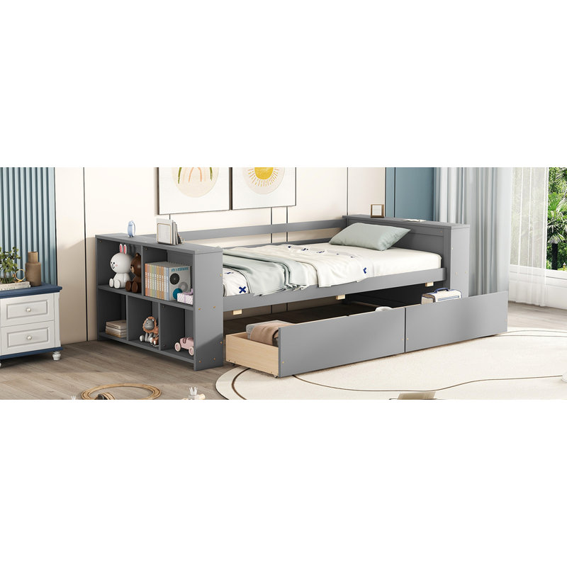 Lit de jour simple avec tablettes et tiroirs, gris