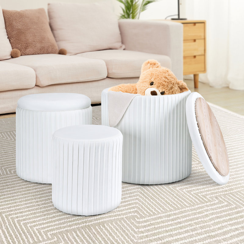 COOLBEBE Ottoman With Storage Set Of 3, Round Vanity Stools For Makeup Room, 3pcs Multifunctional Velvet Upholstered Ottoman Footrest Stool For Bedroom Living Room Decorative Furniture