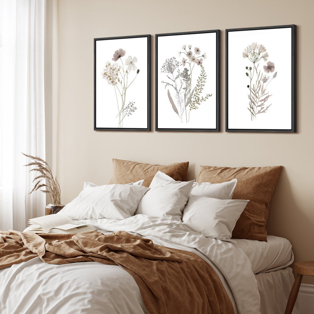Minimal Botanical "Wildflowers Floral Artwork, Simple Neutral Minimalist Wall Pictures, Large Framed Canvas Giclee Print 3 Pieces Wall Art" IDEA4WALL Frame 