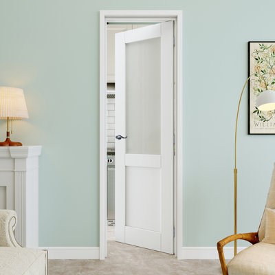 18" x 80" Half-Lite Frosted Glass Interior Prehung Door with Curve Lever and Silver Hinges, Privacy Glass Door Slab, Paintable & Waterproof, Suit for Laundry, Closet Doors, Room Doors, Right Hand