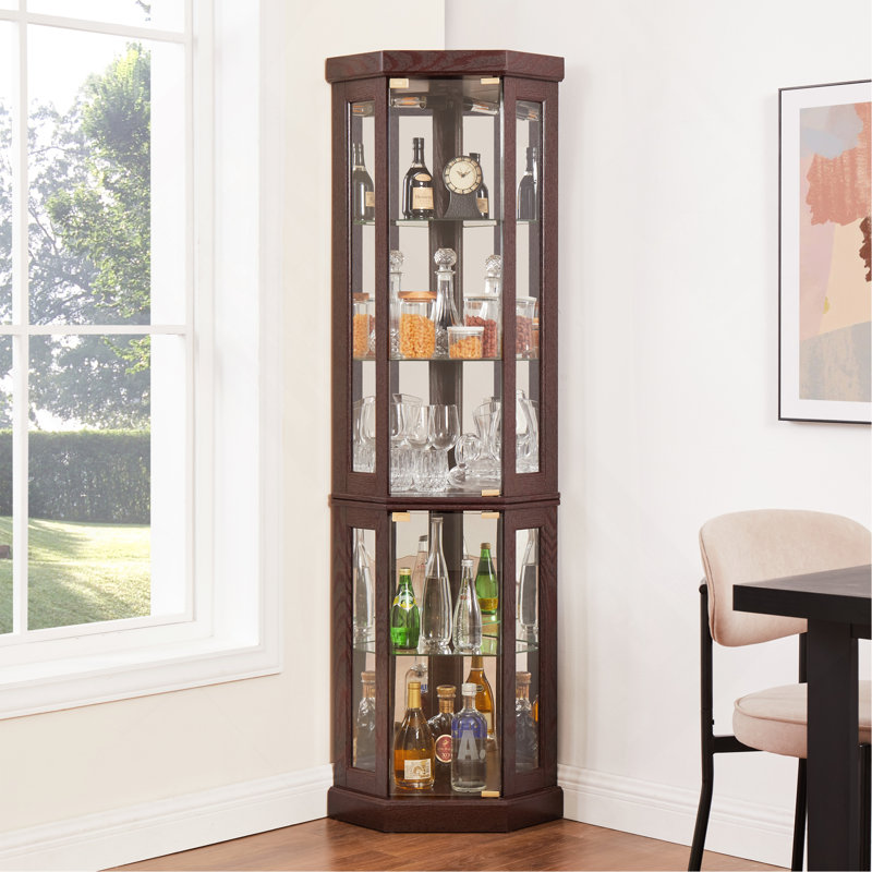Lighted Corner Curio Cabinet - Display Case For Living Room, Antique Collectibles, Wine & Bar Glass Storage - Elegant Corner Design With Lights Included