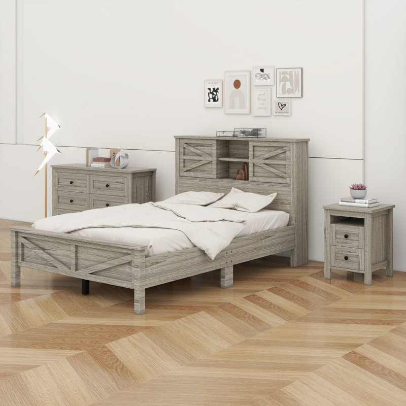 Ensemble de chambre à coucher 3 pièces avec lit plateforme, table de chevet et commode Farmhouse, Antique Grey