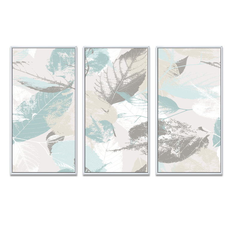 «Grey and Blue Pastel Flowers and Leaves», impression sur toile flottante 3 pièces, H 32 po x l 48 po x P 1 po, Cadre blanc