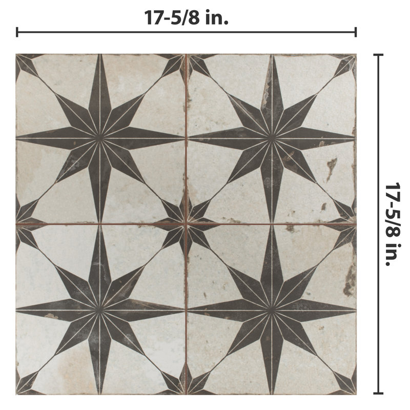 Kings 18" x 18" Ceramic Patterned Wall & Floor Tile, Beige/Black