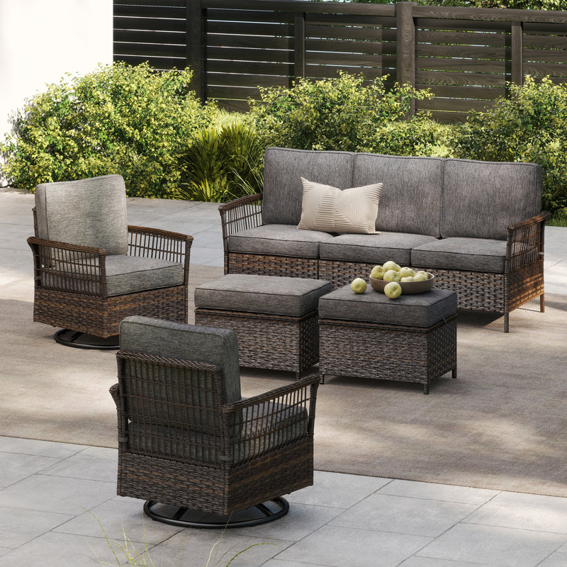 5 Piece Rattan Sofa Seating Group With Swivel Rocking Chair