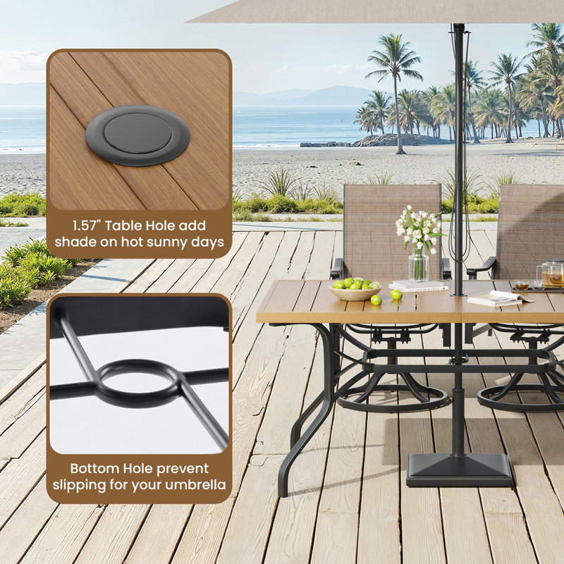 60'' Rectangular Power-Coated Outdoor Dining Table with Parasol Hole for 6 People, Brown