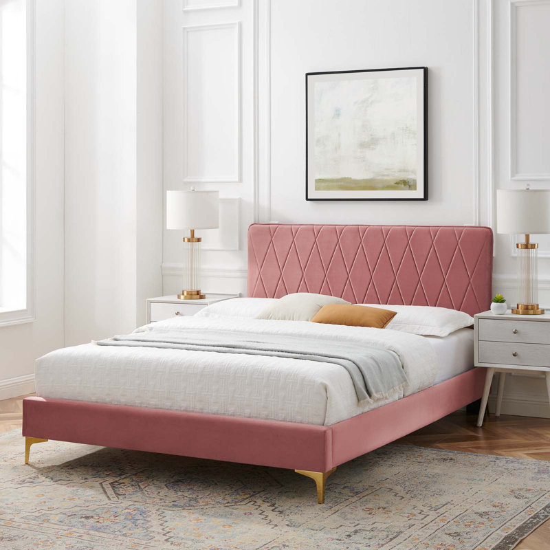 Lit plateforme en velours Performance Modway Phillipa, Double, Vieux rose
