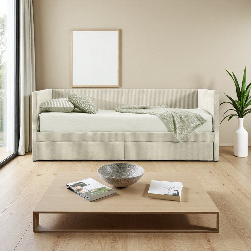 Twin Size Corduroy Daybed With Two Drawers And Wood Slat, Beige
