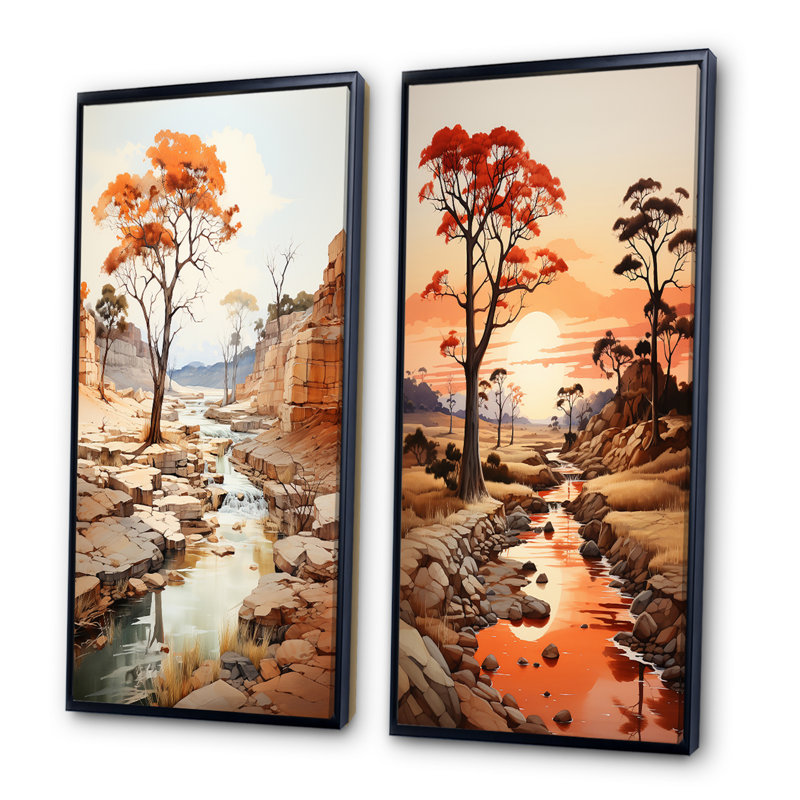 «Beige Orange African Valley», 2 pièces sur toile, Cadre noir, H 32 po x l 32 po
