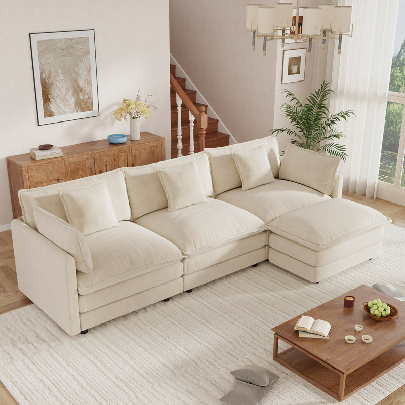 Living Room Set, L Shape Sofa, Chenille Sofa, 3 Seater, For Living Room, Beige Chenille