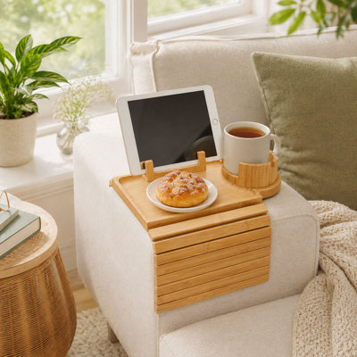 Bamboo Couch Arm Tray, Rotating Cup Holder and Organizer