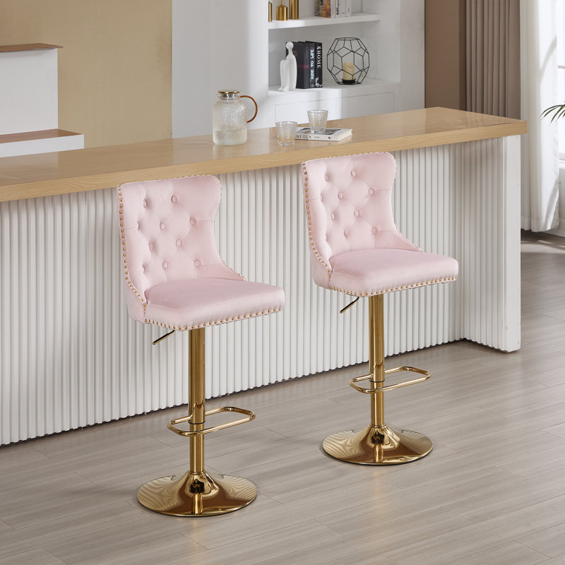 Swivel Adjustable Height Counter Stool With Metal Frame, Gold, Pink