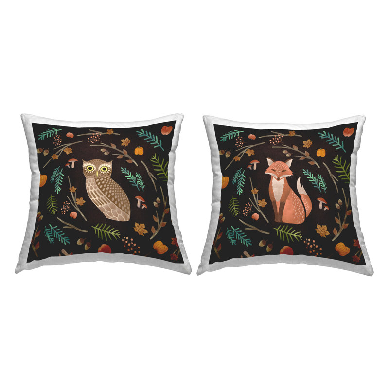 Coussin décoratif d'automne Cozy Autumn Botanicals Owl & Fox Woodland Creatures par Ziwei Li (ensemble de 2)