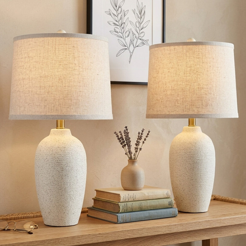 Lampes de table vintage en céramique de style ferme de 25 pouces avec abat-jour en lin, ampoules DEL incluses (ensemble de 2)