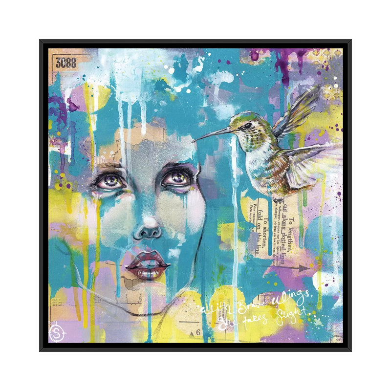 «On Brave Wings» par Sillier Than Sally - reproduction d'art, Aucun mat, H 18 po x l 18 po x 1,5 po, Toile avec cadre noir