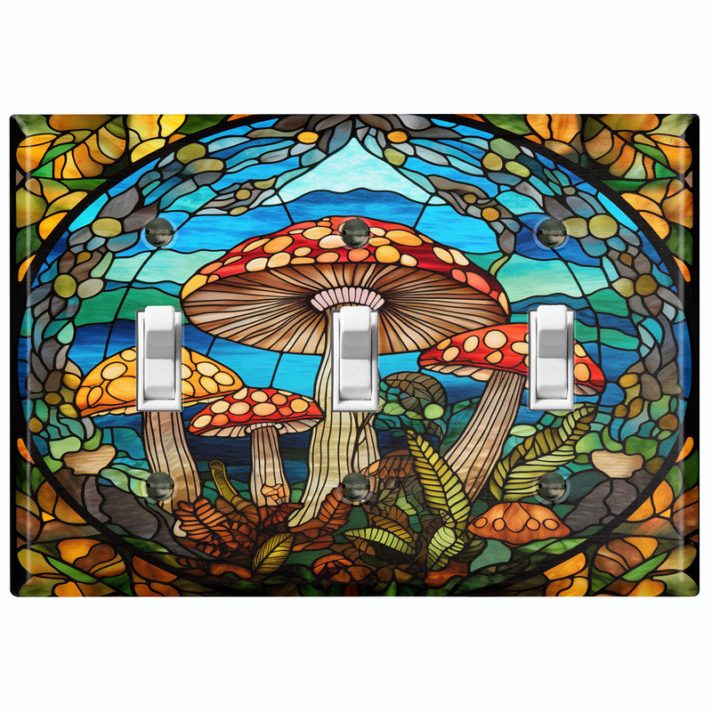 Couvercle de plaque d'interrupteur en métal; Bascule à 3 bandes US standard - image imprimée de champignons en verre coloré