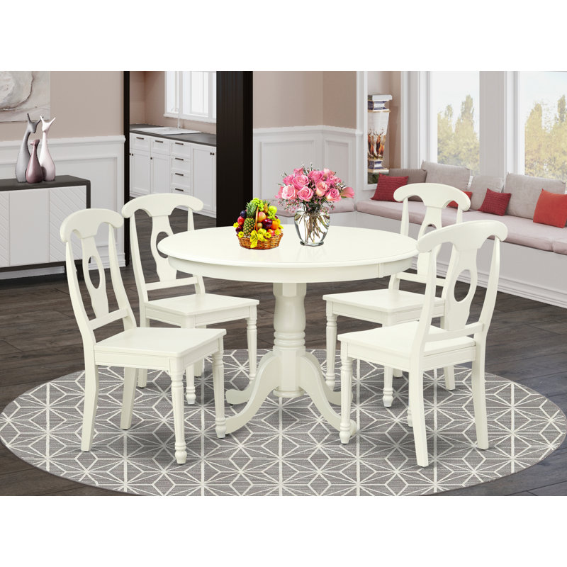 Devoe Solid Wood Top Pedestal Dining Set, Linen White, 5 Pieces: 1 Table, 4 Chairs, Wood