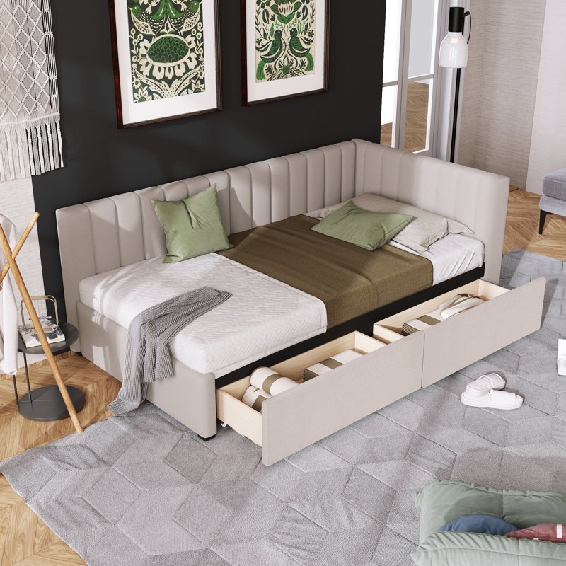 Upholstered Daybed With 2 Storage Drawers Twin Size Sofa Bed Frame No Box Spring Needed, Linen Fabric, Beige