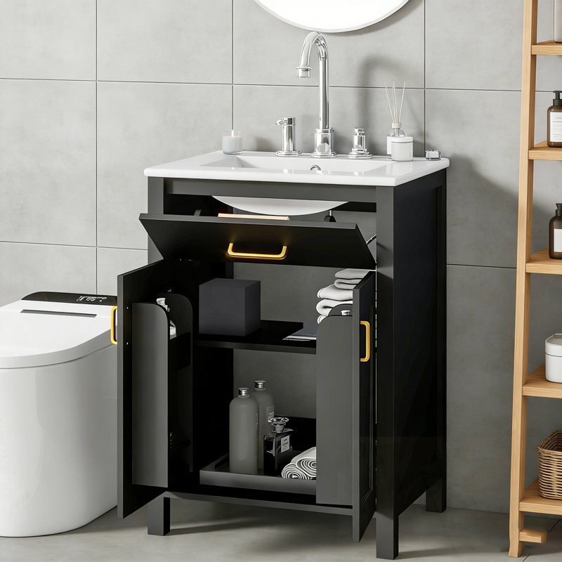 Meuble-lavabo avec lavabo et 2 portes à fermeture douce, Noir