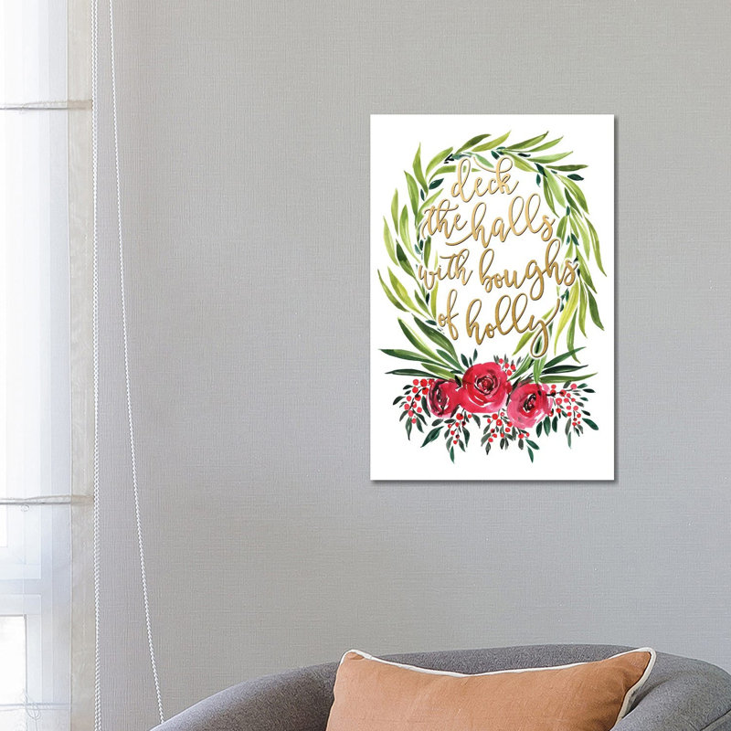 Floral Wreath Deck The Halls 1 Piece Wall Art on Canvas, 66.04 cm H x 45.72 cm W x 1.91 cm D, Canvas