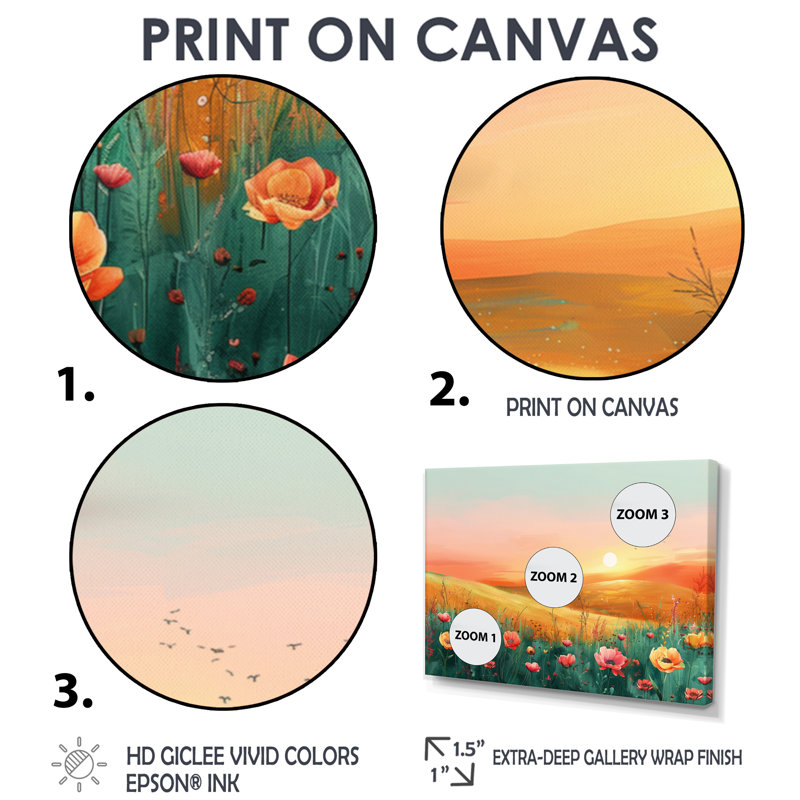 Flower Meadows At Sunset I - Décoration murale fleurs, Cadre flottant doré, H 28 po x l 60 po x P 1,5 po