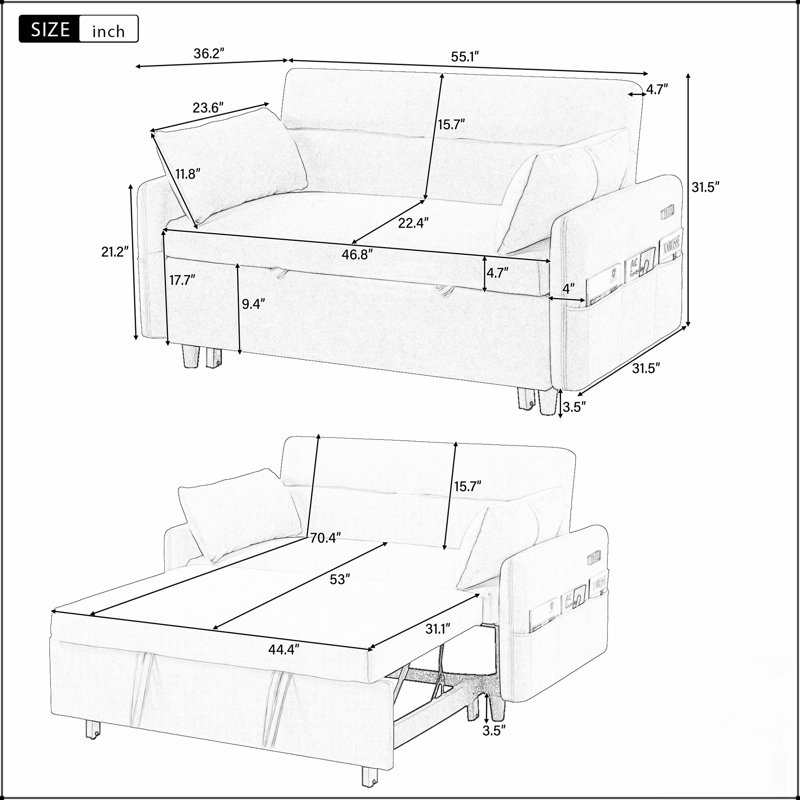 Canapé-lit à dossier réglable avec poches de rangement, coussins moelleux et ports USB pour plus de confort et de commodité