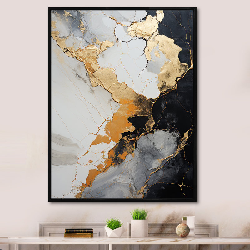 Minimalisme chrome blanc et poteries dorées sur toile, Cadre flottant noir, 32" H x 24" W