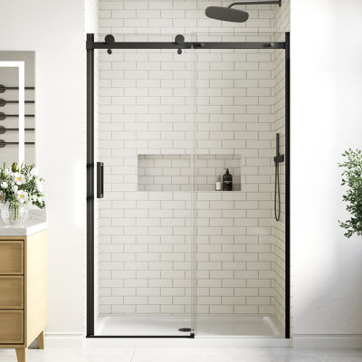 46" - 48" W x 74" H Single Sliding Frameless Shower Door in Matte Black Finish with 5/16" (8mm) Clear Glass