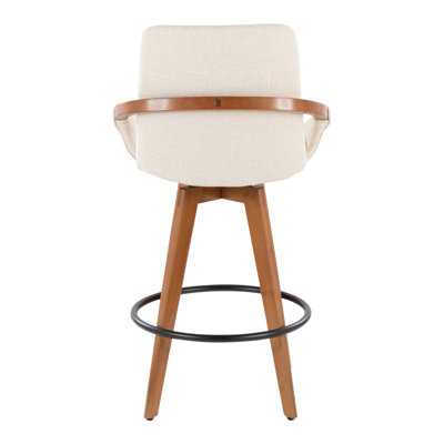 Tabouret de bar à hauteur fixe avec pivot en bambou noyer et tissu crème avec repose-pieds rond en métal noir