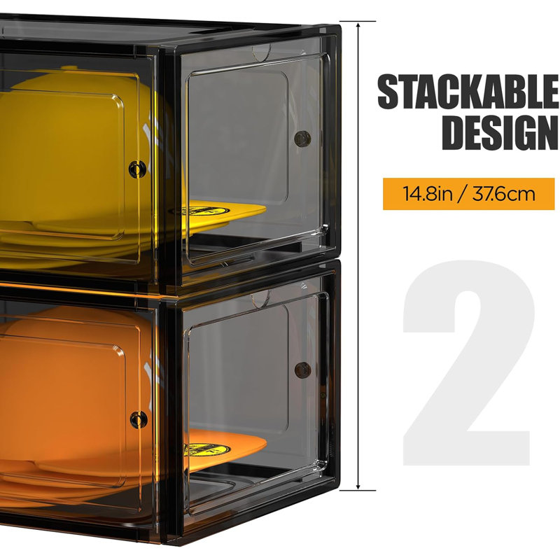 Hat Organizer Box, Stackable Clear Baseball Caps Holder Box Containers With Magnetic Door For Hats Snapback Cap Storag, Hat Rack Display Case, Holds 8 Hats Each (Black, 2 Pack)
