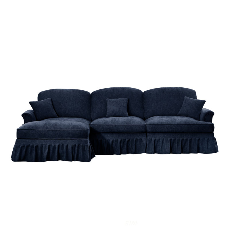 Canapé modulaire en forme de L Mid-Century à trois places avec accoudoirs évasés et jupes plissées à volants, tissu en chenille, repose-pieds mobile, bleu