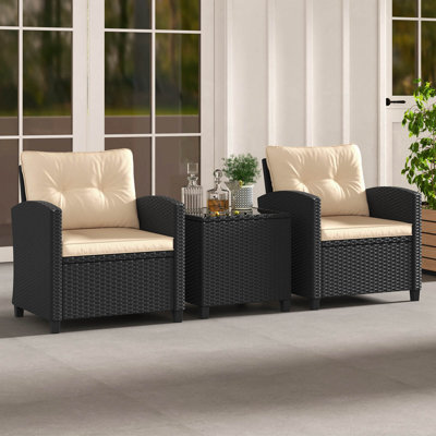 3 Pcs Patio Furniture Set With Tempered Glass Coffee Table Washable Cushions