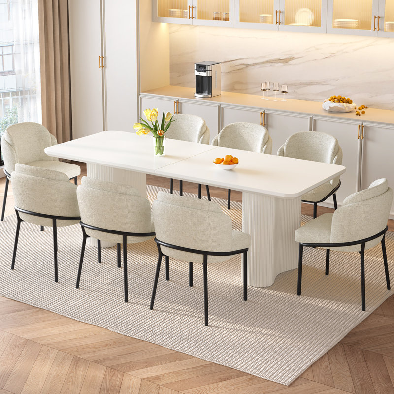Ensemble de table de salle à manger 78,97 "moderne blanc crème rectangulaire avec 8 chaises pour la cuisine, le bar et le salon