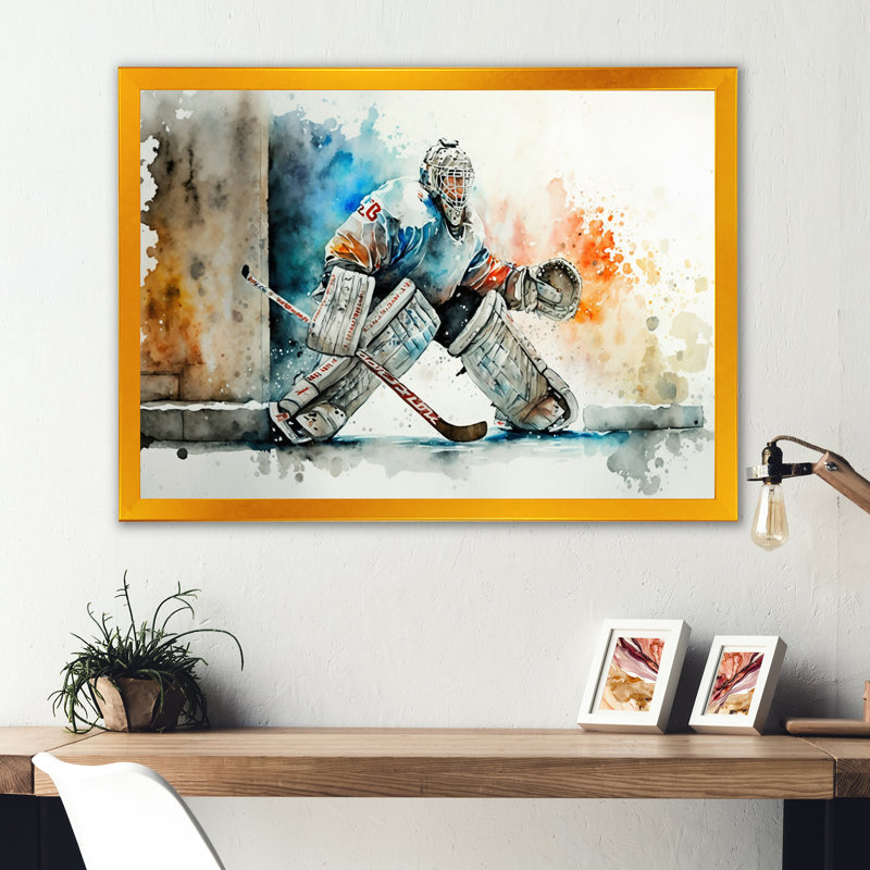 Gardien de but pendant le jeu I - Peinture sur toile, H 24 po x l 32 po x P 1 po, Encadrement doré