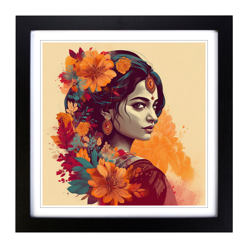 Indian Woman Floral - Single Picture Frame Print on Wood, Black